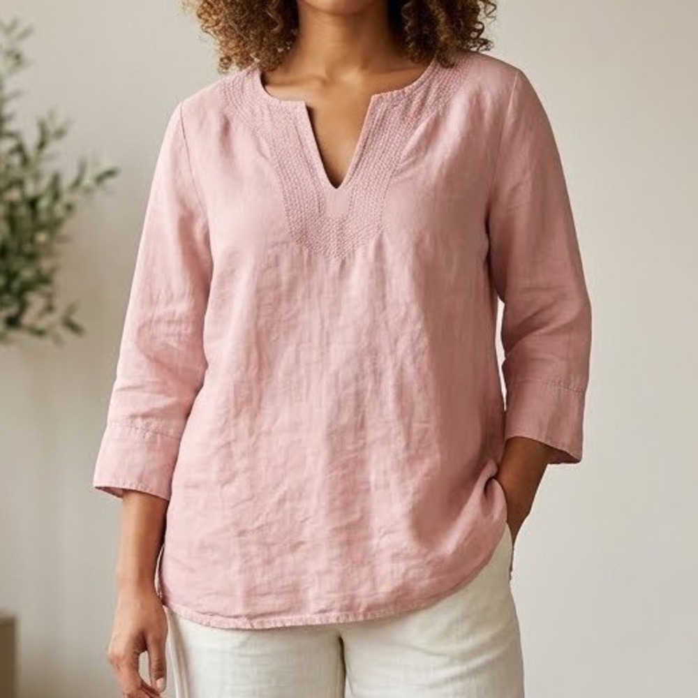 LL Bean Women Pink Linen Cotton Blend Embroidered Split Neck Tunic Top M